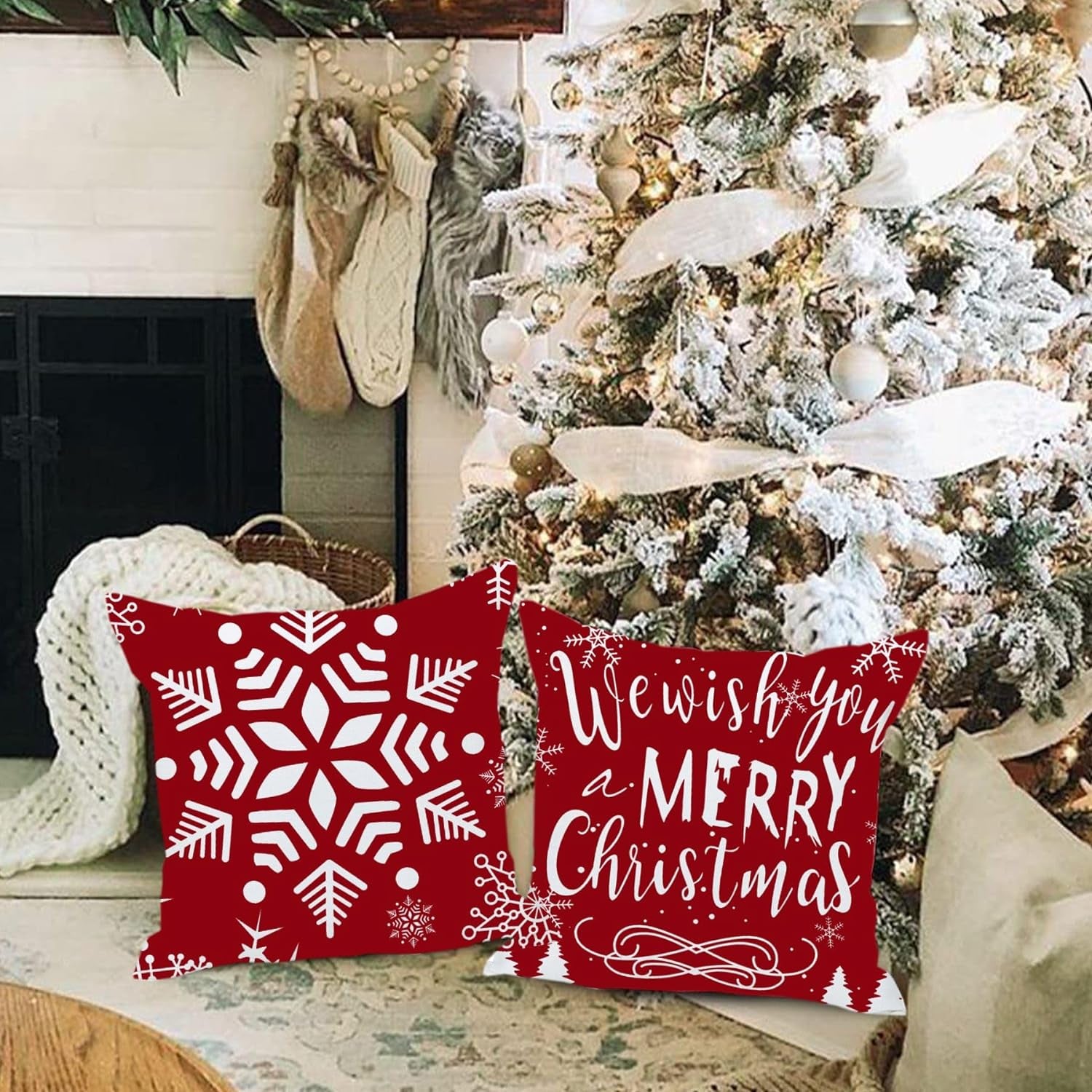 Merry Christmas Decorative Pillows Covers 22X22 Set of 4 for Christmas Decorations Red Christmas Tree Snowflake Winter Holiday Throw Pillow Cases Xmas Farmhouse Decor for Couch Sofa