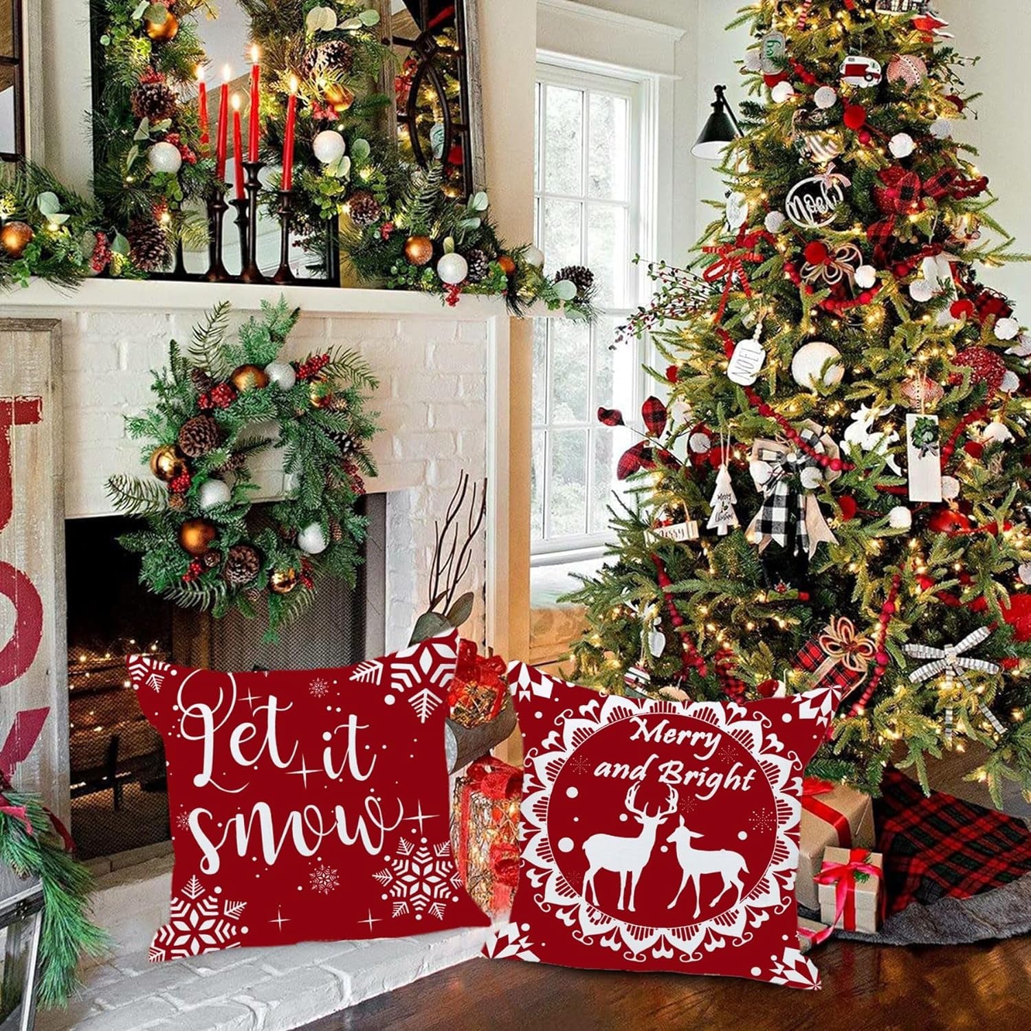 Merry Christmas Decorative Pillows Covers 22X22 Set of 4 for Christmas Decorations Red Christmas Tree Snowflake Winter Holiday Throw Pillow Cases Xmas Farmhouse Decor for Couch Sofa